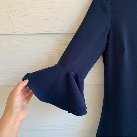 Sail to Sable Navy Blue Shift Dress size 2 M flared 3/4 Sleeves Zipper Ruffled - Picture 4 of 11